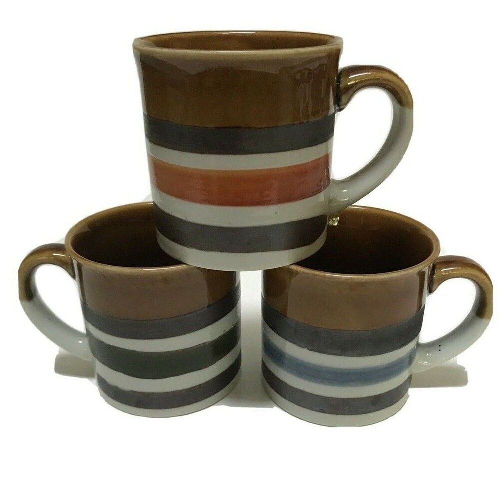 Vintage Clay in MInd Coffee Mugs Stoneware Earth Tones Stripes Brown Retro Set 3